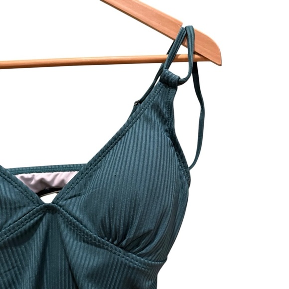 Teal Strappy One-Piece Swimsuit Womens Ruched V Neck Tie Side Size Medium - Picture 4 of 13